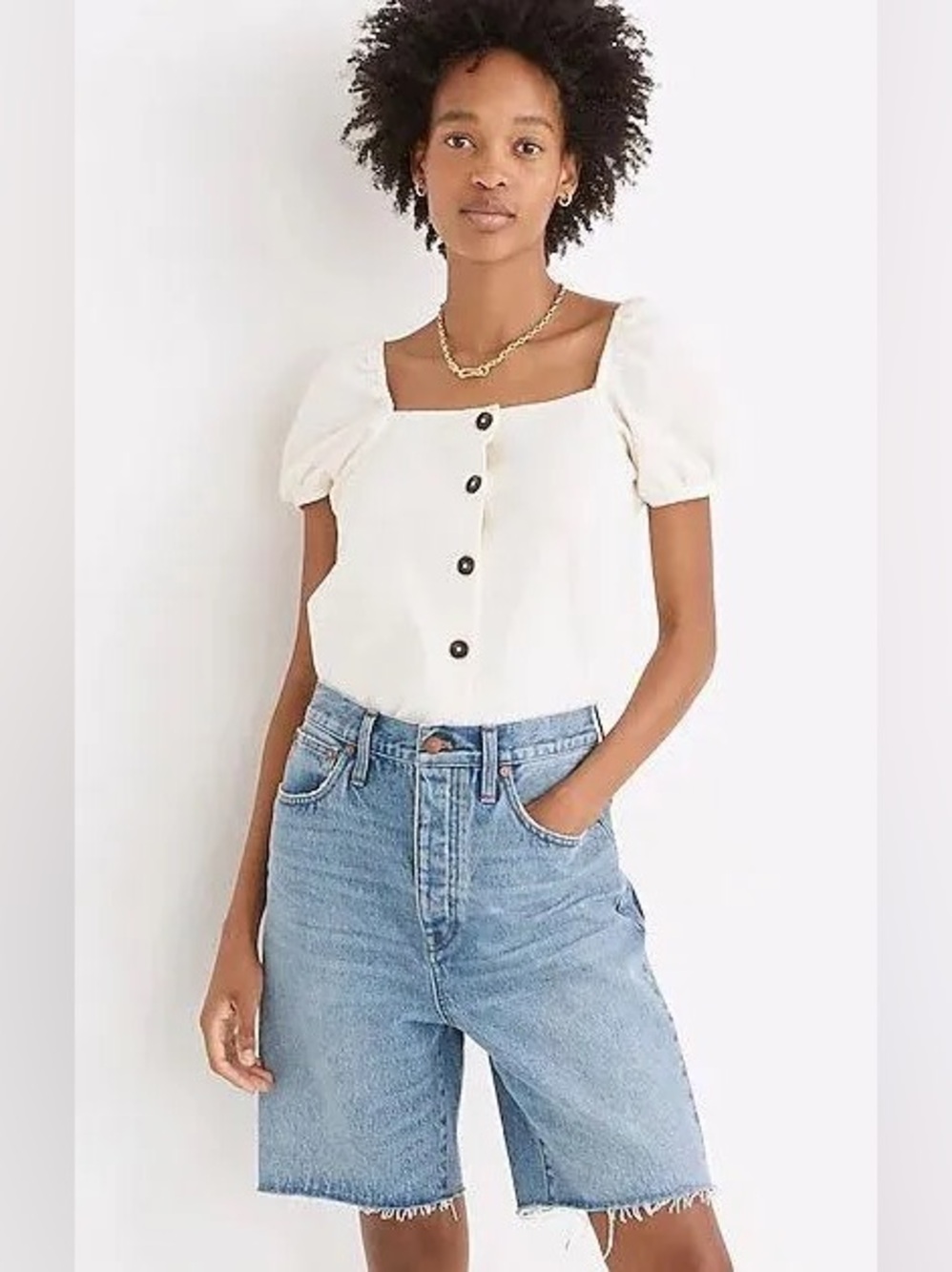 Madewell Ivory Square-Neck Button Puff-Sleeve Top